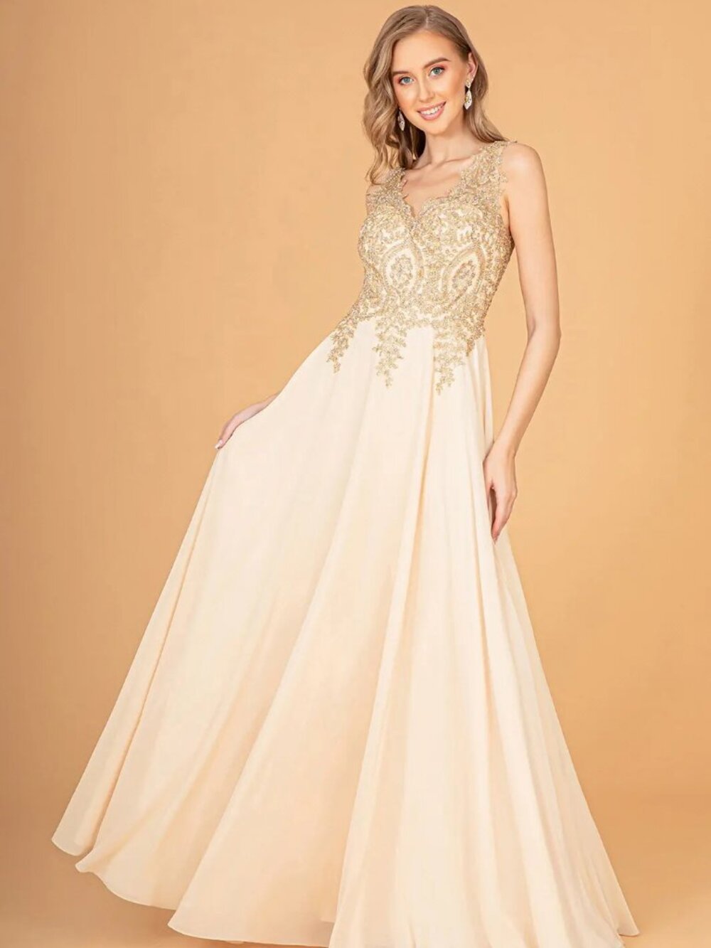 NEW CHAMPAGNE Chiffon & Embroidered V-Neck Evening Gown Floor Length GL2311